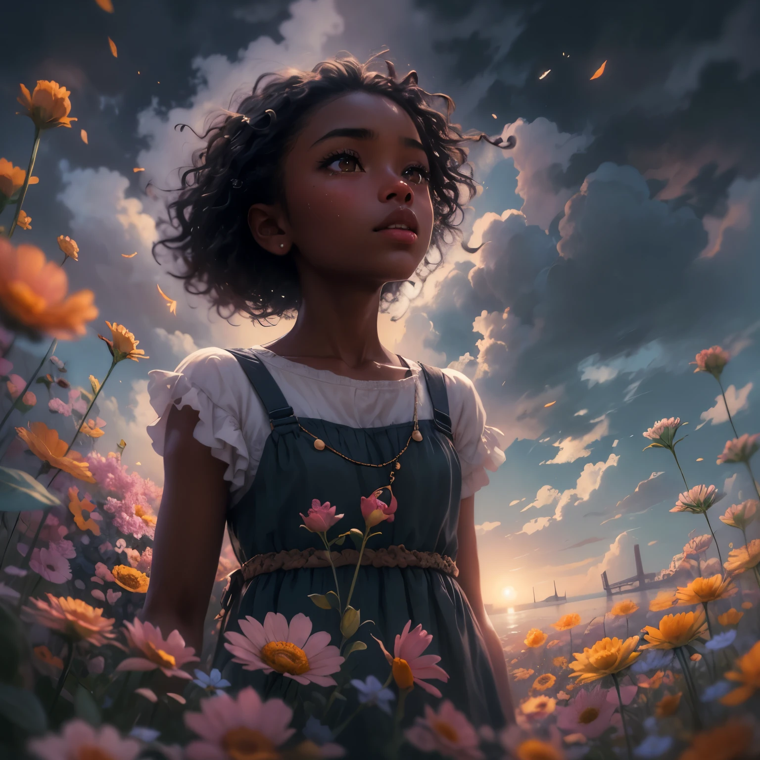 (masterpiece, best quality)There is a black girl ((dark skin)) detailed face, standing in a flower field looking up at the sky, a girl standing in a flower field, a girl walking in a flower field, lost in a dreamy wonderland, standing in a flower field, fantastic digital painting, the sky gradually clears, the starry sky gradually recedes, waiting for the ship to come in near an opulent seaside, near a seaside harbor art by Laura Diehl Yaoyao Ma Van As