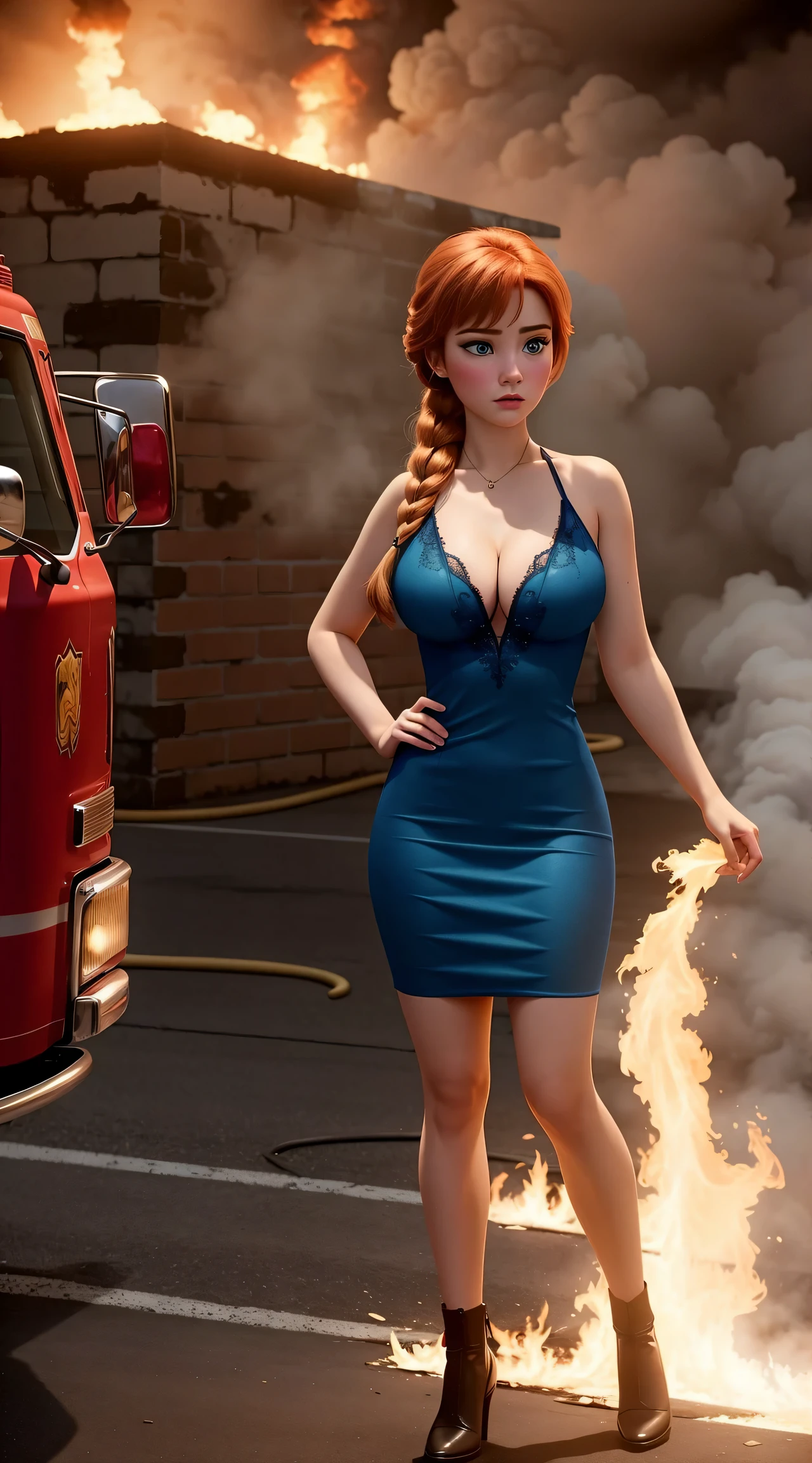 woman, ((Masterpiece, best quality)), full body view, firefighter, burning building,  bursting huge breasts, detailed skin, Anna from Frozen as a firefighter, red firefighter clothes, highly detailed, cinematic lighting, ultra realistic, blush, looking at viewer, anna, anna from frozen, princess, disney, brown hair, long hair, portrait, cleavage, large breasts, wide hips, full body view, tall,