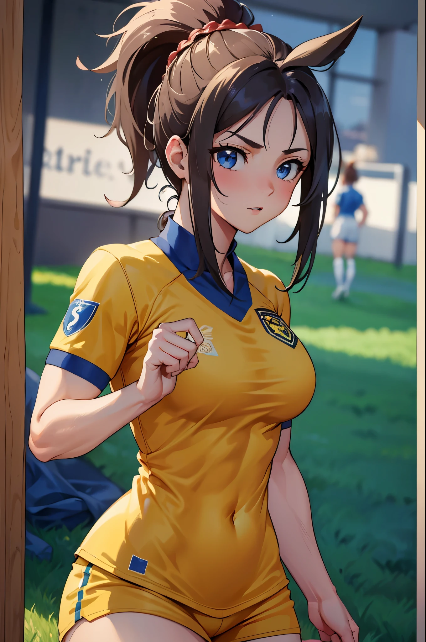 "(best quality,masterpiece:1.2,high resolution),1 girl, (muscular), spiky ponytail, toned body, perky breasts, long hair, (soccer uniform), muscle girl"