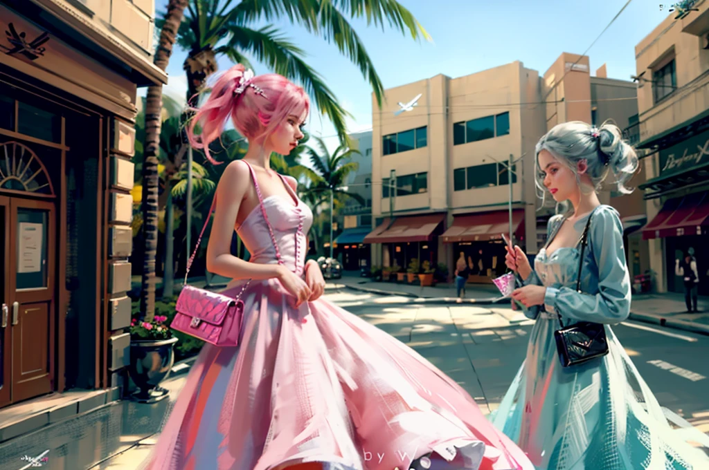 Make another scene with the same style, barbie is now outside the perfume store, now she's holding the perfume store bag, shes about to enter her car, her car is a C1 Corvette, pink with white, C1 Corvette, shes wearing a checkered pink and white dress and the background is showing a urban 80 California, with palm trees and a lot of pink flowers.