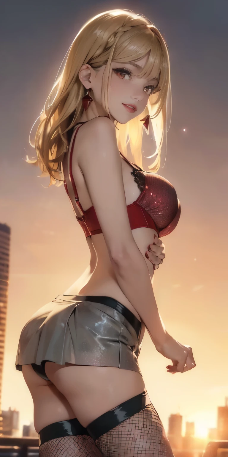(((Sunset Sunset emphasis Rearward facing Slightly big butt emphasis Butt sticking out、Upper body photo))) ((((Different sexy poses)))))美丽的面容, Highly detailed face and skin texture, (Fine wrinkled eyes, Double eyelids, Thin eyebrows, Glitter Eyeliner: 1.2, Natural cheeks, Shiny skin, Fair skin, (((dark gray color bra, Miniskirt full body red fishnet tights))), Glitter necklace and earrings, (shiny lips: 1. 4), (Seductive smile), (), (Blonde braided hair, oblique bangs), Short hair, , ((upperbody shot)), ((Focus on chest and face)), medium large breasts, upturned breasts.(((The background is a slightly sepia-toned cityscape............................................)))