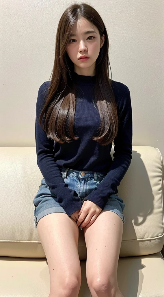 ((full body)), Ultra-realistic capture, Highly detailed, High resolution 16k close-up of human skin. Skin texture must be natural, With such detail that pores can be finely identified. Skin should look healthy, In a uniform tone. Use natural light and color, streaked hair, streaked hair, long hair, ((full body)), sit in a sofa,cowboy shot,dutch angle,UHD, retina, masterpiece, ccurate, anatomically correct, super detail, textured skin, high details, high quality, best quality, highres, 1080P, HD, 4K, 8k