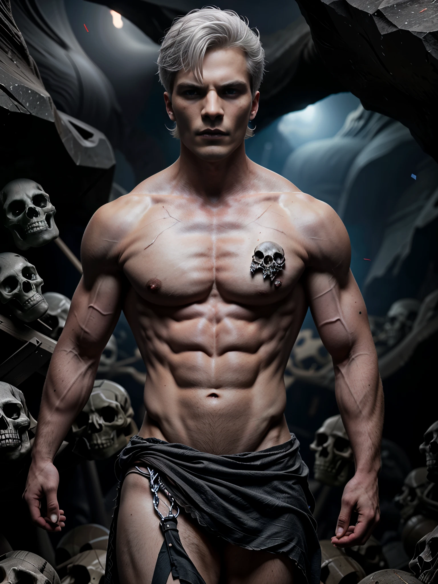 ((masterpiece)),((best quality)),8k, high detailed, ultra-detailed, Stylish Pose, real skin texture, dark cinematic lighting, 21 year-old Italian male model, (handsome italian:1.8), cute looking, divine look, powerful light blue eyes, Hades god, god of the underworld, pluto, godly, death god, displaying the ability to manipulate souls, white pale skin, roman god physic, intense blue eyes, (short hair;1,7), (white silver hair:1.6), dry hair, dry short white messy hair, strong jawline, masculine, muscular, defined fit body, hairless chest, shirtless, pantless, (thousands of skulls:1.7), sinister aesthetic, underworld, arm bracelet. (fire underworld:1.3). walking towards the camera, (huge massive dark cave:1.5) (tule fog:1.5), barelegged, barefoot, (black antique linen spartan skirt:1.3), black linen antique draped cloth skirt, (roman gladiator skirt:1.3),,,, dim light, dark atmosphere, cinematic lighting, Depth of field, award-winning photography, elegant, hyperrealistic, octane render, unreal, high definition, 8k resolution, highly detailed, 8k uhd, professional lighting, photon mapping, radiosity, physically-based rendering