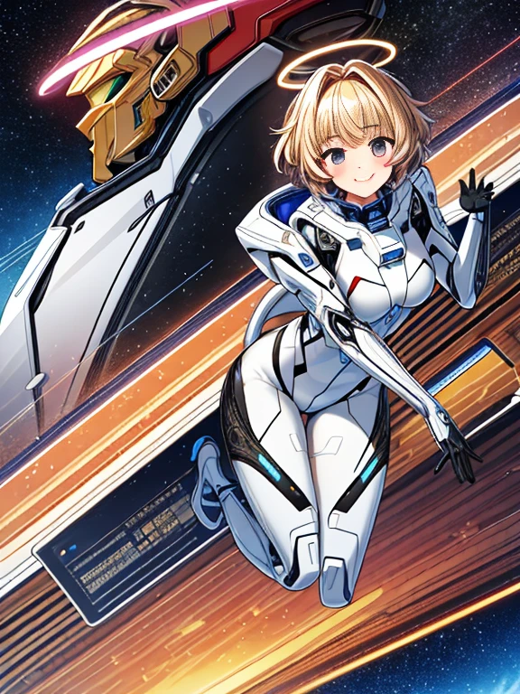 (​masterpiece),(top-quality),girl with,((ultra-definition)),ighly detailed、最高​masterpiece、One lady、Full body painting、metallic white bodysuit，space suits,(cyborgs:1.1)，([tail|Detailed wire]:1.3)，(intricate-detail {Ikko)，nffsw，(intricate-detail {Ikko，ultra - detailed:1.2)，Cinema Lens，head phone,Blonde hair,Halo Shadow，at centre，ssmile，funny，krystal，brightened，Shaggy，