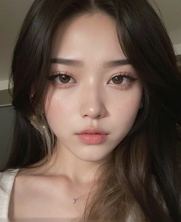 Un primer plano de una mujer con cabello largo y una camisa blanca, small lips pointy nose, Hermosa mujer surcoreana, Chica coreana, Rasgos de la cara coreana, Beautiful aesthetic face, Hermosa joven coreana, Korean symmetrical face, Hermosa joven coreana, Joven y adorable rostro coreano, Hermosa cara redonda, Sakimichan, maquillaje popular de Corea del Sur, pale round face