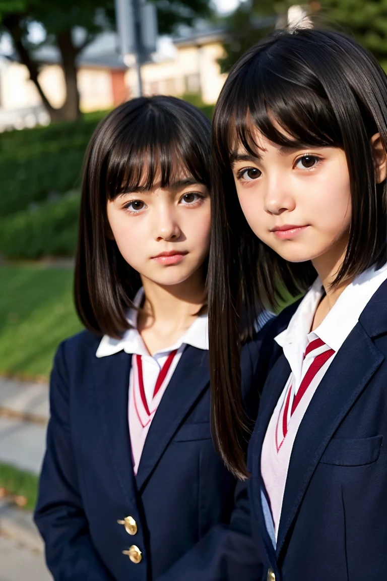 Two beautiful girls、Blazer School Uniform、A dark-haired、straight haired、(The other one has a short bob)、schools、early evening、15yo student、Face to face、Wistful expression、