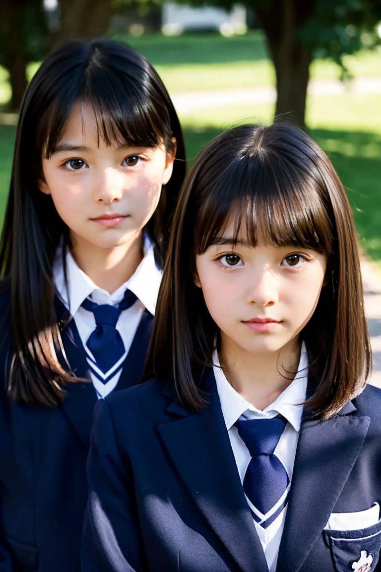 Two beautiful girls、Blazer School Uniform、A dark-haired、straight haired、(The other one has a short bob)、schools、early evening、 student、Face to face、Wistful expression、