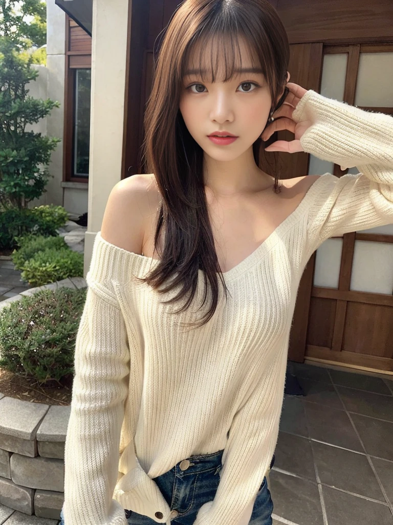 highest quality,masterpiece,超A high resolution,RAW Photos,One Girl,Loose perm hair、length、brown hair、Japanese、Loose perm hair、length、brown hair、Embarrassed face、Professional photography、Same skin type as humans、A woman dressed in Japan from head to toe、Blur the background、Anatomical accuracy、Very detailed and beautiful、Ultra HD、length、Her hair is flowing and sexy、Very detailed beautiful girl、(No bangs:1.2)、Shoulder-length hair、sweater、(white pants style:1.2)、(Lying in bed:1.2)、Dimly lit room