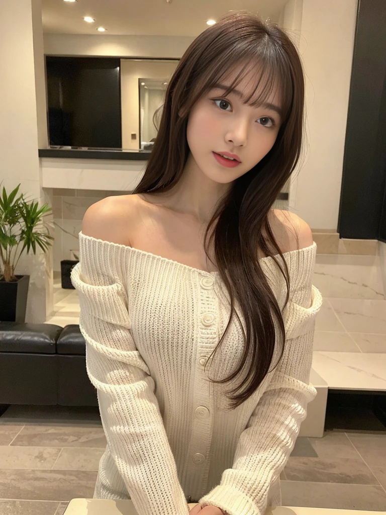 (top-quality、8k、32k、masterpiece、UHD:1.3)、Glamorous Japan Woman Photography、one girls、Medium hair:(inside the house、natta:1.2)、hyperdetailed face、detailed lips、A detailed eye、二重まぶた、、huge-breasted、nipples protruding、((off shoulders、White knitwear、bending forward、Kamimei))