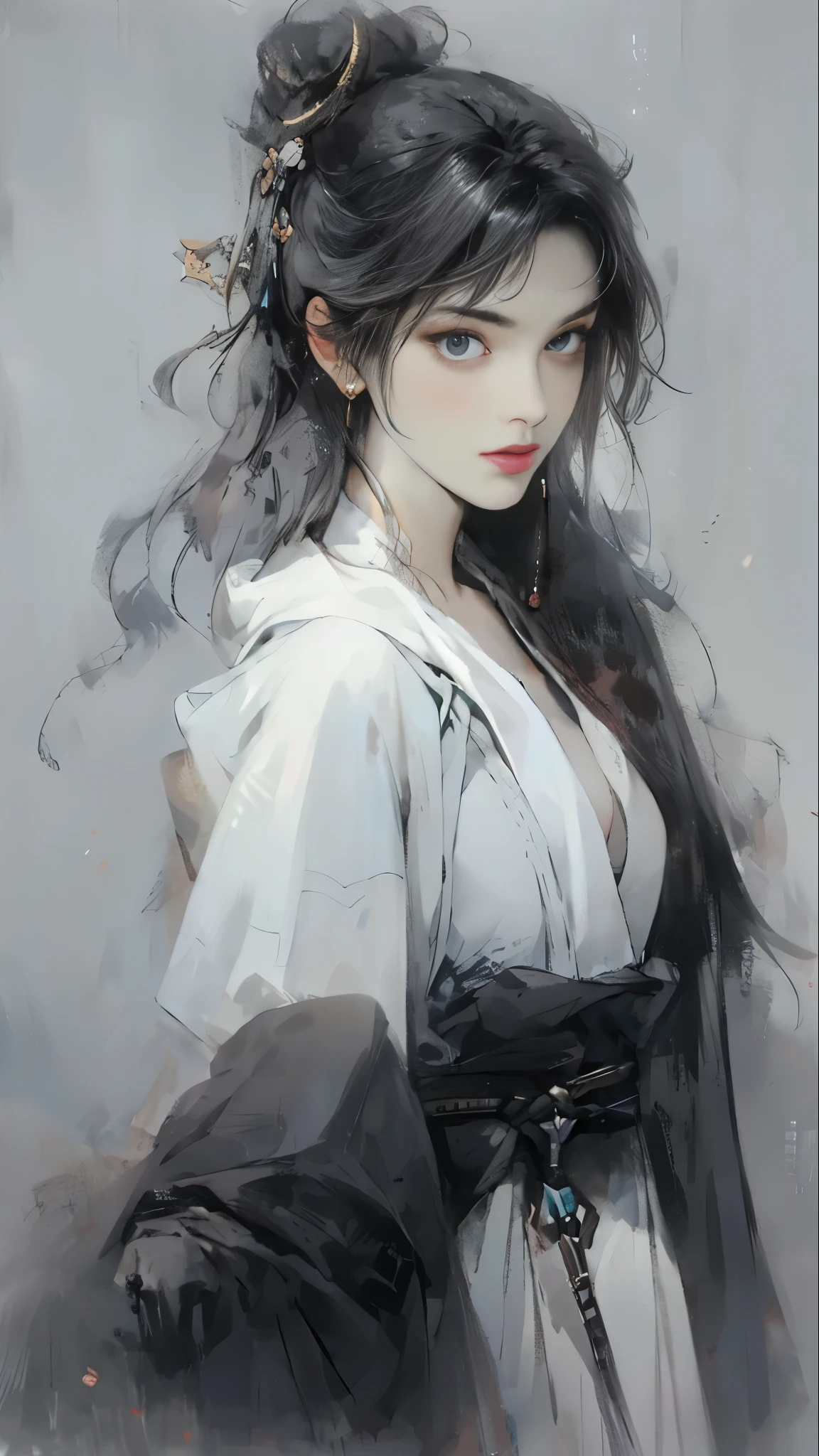 Close up of a woman with black hair, beautiful character painting, splashing ink, epic fine character art, amazing character art