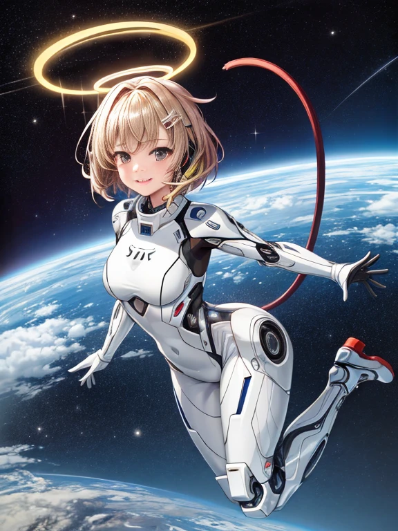 (​masterpiece),(top-quality),girl with,((ultra-definition)),ighly detailed、最高​masterpiece、One lady、Full body painting、metallic white bodysuit，space suits,(cyborgs:1.1)，([tail|Detailed wire]:1.3)，(intricate-detail {Ikko)，nffsw，(intricate-detail {Ikko，ultra - detailed:1.2)，Cinema Lens，head phone,Blonde hair,Halo Shadow，at centre，ssmile，funny，krystal，brightened，Shaggy，