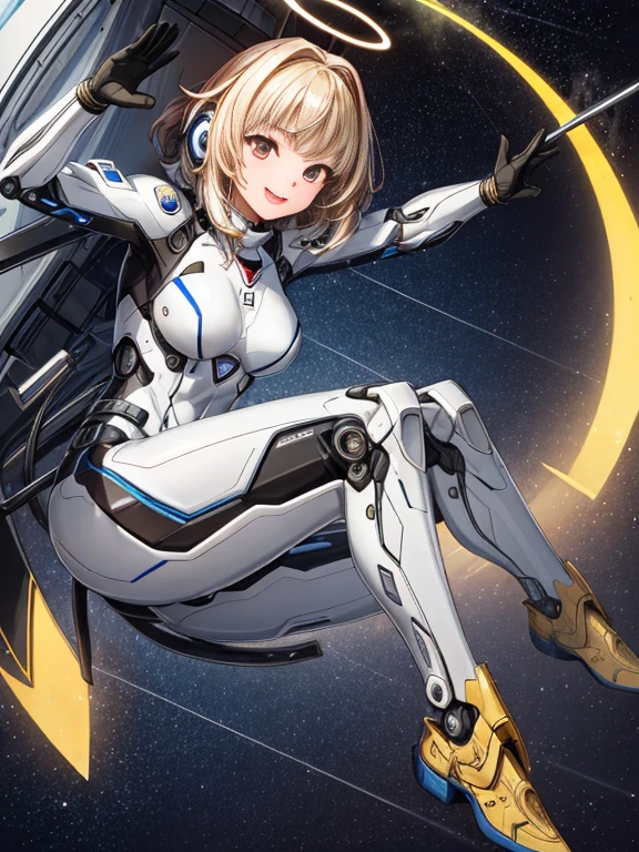 (​masterpiece),(top-quality),girl with,((ultra-definition)),ighly detailed、最高​masterpiece、One lady、Full body painting、metallic white bodysuit，space suits,(cyborgs:1.1)，([tail|Detailed wire]:1.3)，(intricate-detail {Ikko)，nffsw，(intricate-detail {Ikko，ultra - detailed:1.2)，Cinema Lens，head phone,Blonde hair,Halo Shadow，at centre，ssmile，funny，krystal，brightened，Shaggy，