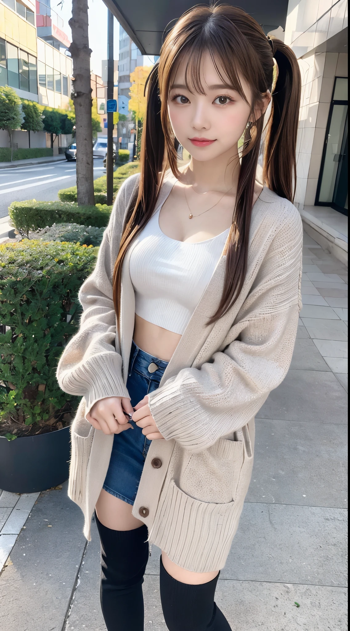 (High quality, High resolution, Ultra-detailed, Realistic:1.37), (Full Body Pose)、(Photographing one girl in its entirety)、peaceful ambiance, (plein air, In the street)、 ((large twin tails、Scrunchie))、18 year old high school girl standing alone、C Cup、Beautiful detailed features, Cute smile, (Brown hair), (Casual Outfit), (tight sweater)、(cardigan)、(Jeans miniskirt), (Black tights)、(tight round boots)、stretching one leg out in front of the other