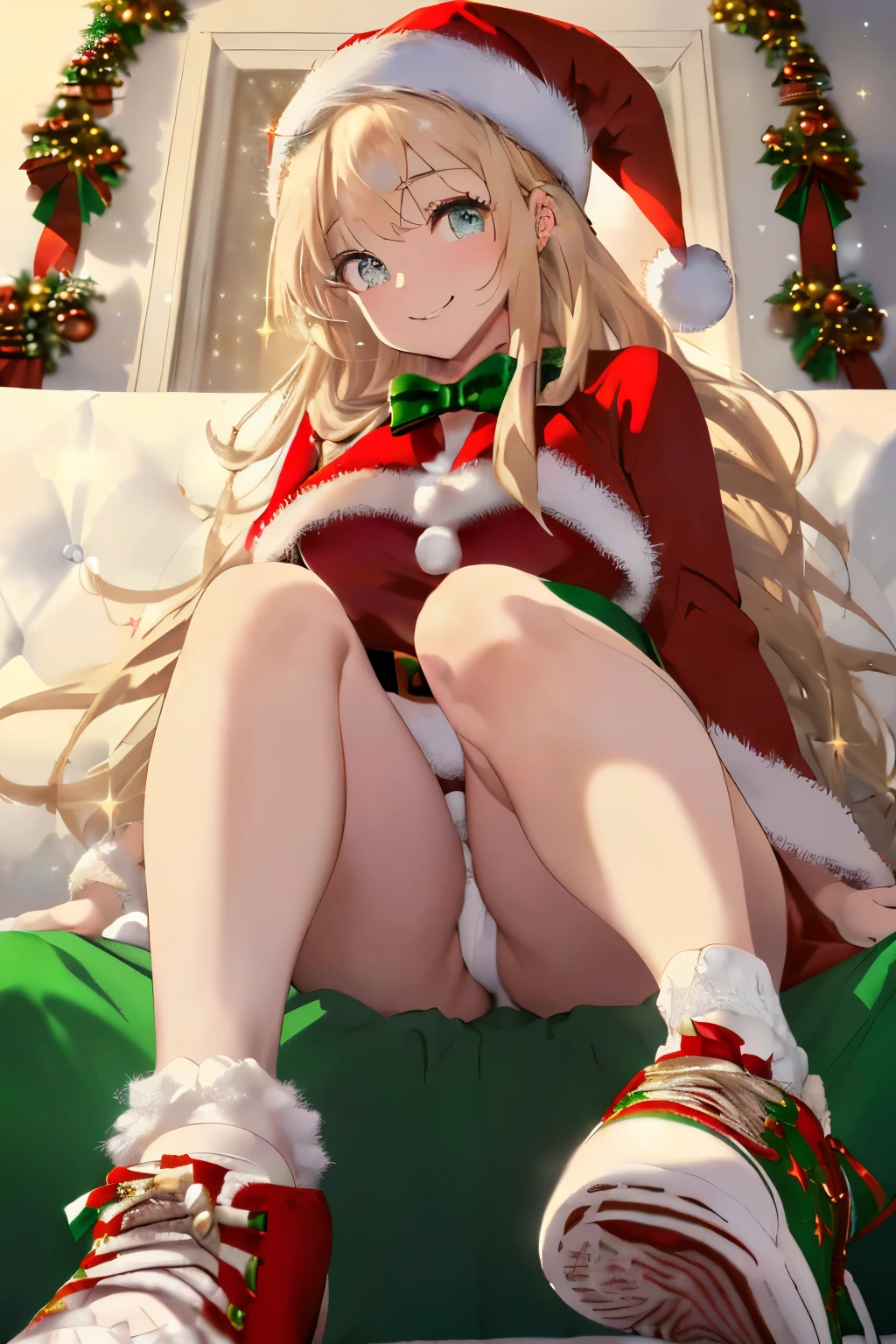 (Thin blonde hair),((Fluffy long hair with curls)),(With bangs:1.25),(with green eyes),(sparkle in eyes:1.5),(Eye size:1.5),Slight red tide,(Santa's Hat:1.3),(Hair band made of fluffy material),(red and black lace underwear:1.2),(String bread:1.3),(In the middle of changing clothes:1.5),(Trying to wear Santa's clothes:1.45),(santa costume:1.5),(((body shape is slender))),(close up of face:1.2),(Christmas party atmosphere),(Interior decorated with Christmas decorations),(Christmas tree),(Soft illumination light),(Smiling embarrassedly),(Perspective from below:1.3),(bending forward:1.45),(feet close up:1.5),(Sitting on the couch),(Christmas color sneakers:1.6),