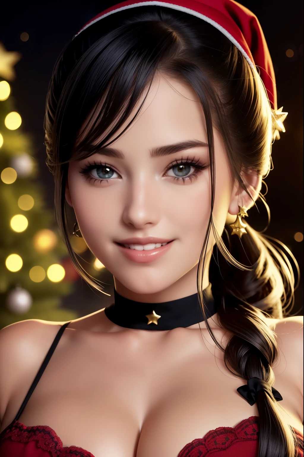 Close up portrait view, cinematic, Christmas tree, Christmas clothes , full body,female show one tits without clothes , smiling sweet, cute face, beautiful,on outdoor grass night, Foggy, cinematic light,close up portrait HD ,  , black ponytail hair, black shiny hair,