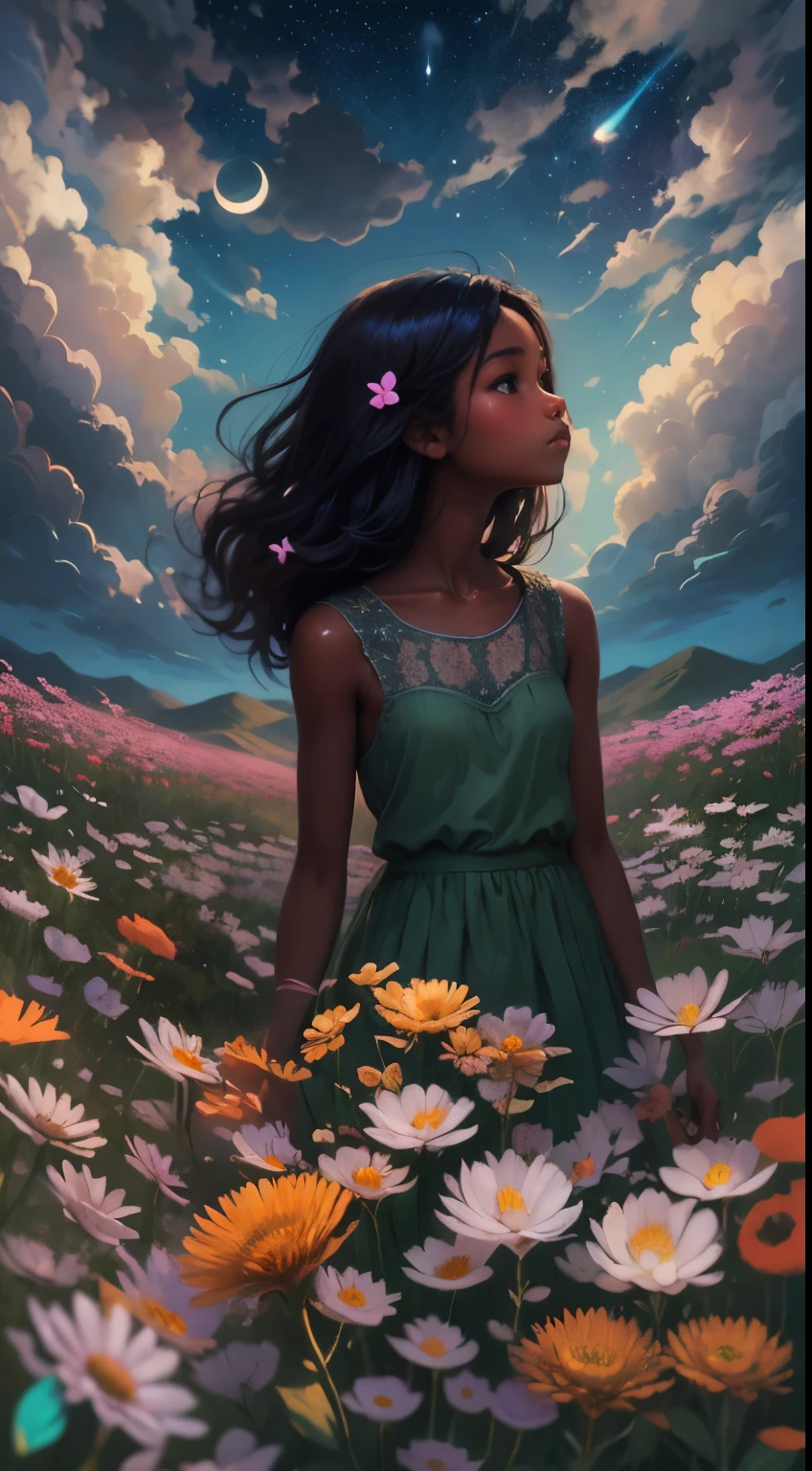 (masterpiece, best quality)There is a black girl ((dark skin)) detailed face, standing in a flower field looking up at the sky, a girl standing in a flower field, a girl walking in a flower field, lost in a dreamy wonderland, standing in a flower field, fantastic digital painting, the sky gradually clears, the starry sky gradually recedes, art by Laura Diehl Yaoyao Ma Van As