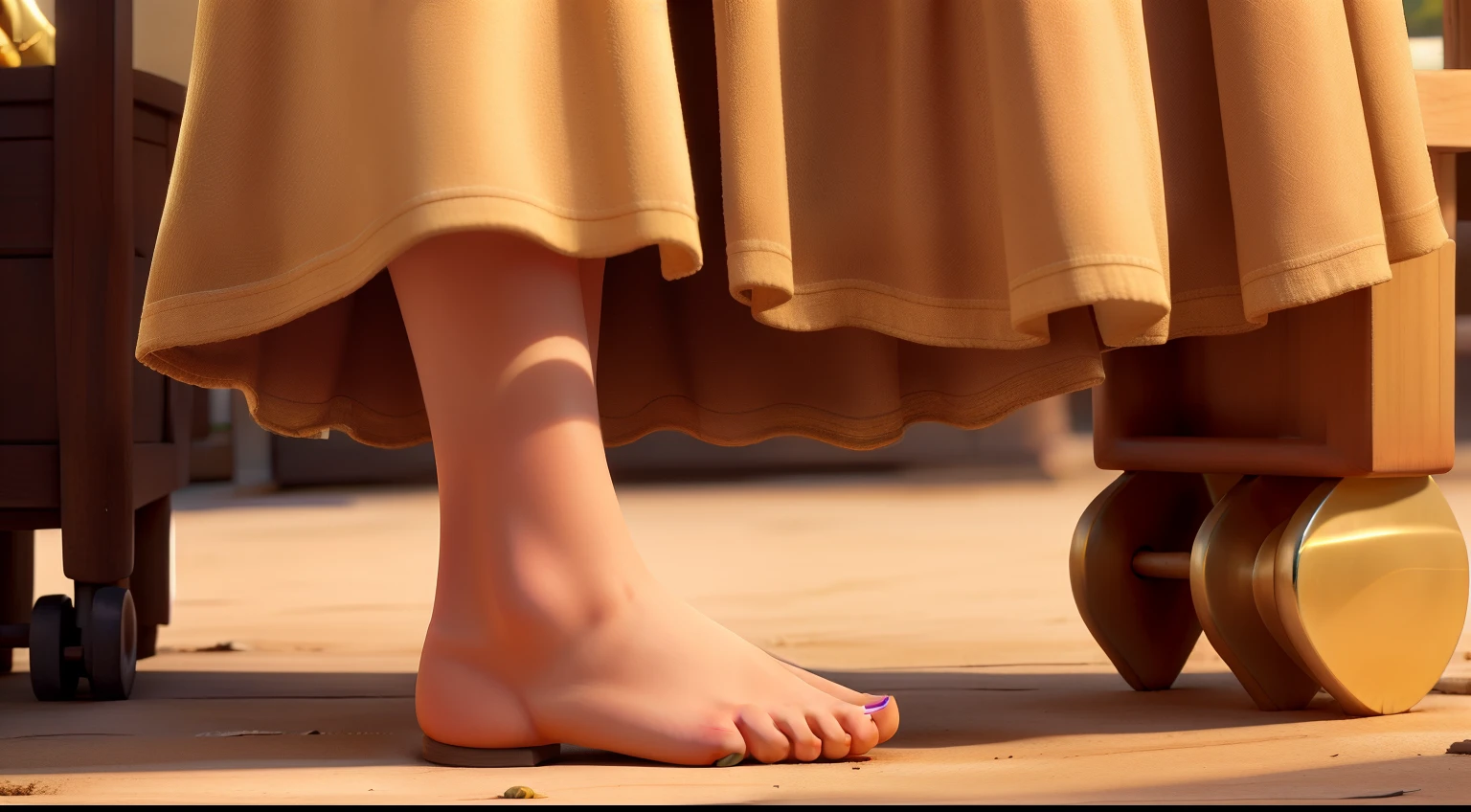 There is a close-up of a girl's foot about to enter a golden women's shoe. However, the foot cannot fit into the shoe. There is the bare foot of a girl, and nearby, a saw."