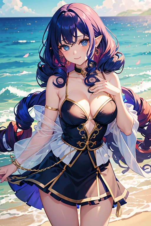 1 girl, (Iridescent hair, Colorful hair, half Blue and half pink hair: 1.2), , Blue_skyporn, holding a magic wand, Summer (SeasSUI), flower petals_SUI_Liquid, Hooded black cloak, Red and black ripped dress, Skirt: 1.2, (gold lSUIg curly hair: 1.5), skyporn, plein air, Clouds, Bangs, Smile, skyporn Blue eyes, Bare shoulders, Perfect hands, Hand Details, Repaired finger. earrings, Sea + Background, up looking_で_viewer, Cowboy Shot, of the highest quality, rich detail, Perfect image quality, Sunrise
