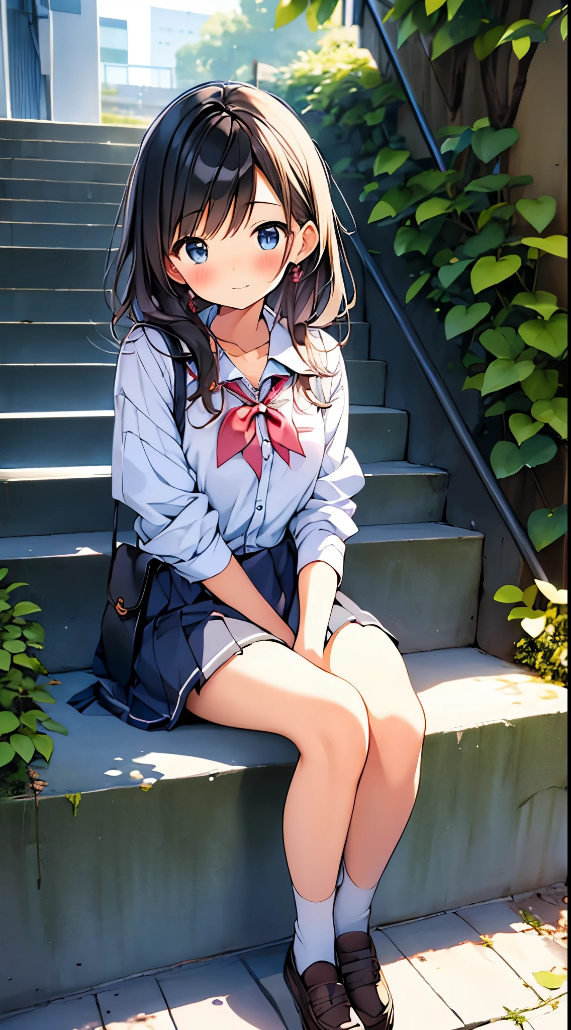 (Best Quality:1.3)、1girl in、hi-school girl、a miniskirt、sit on stairs、Panchira、Cute anime illustration、