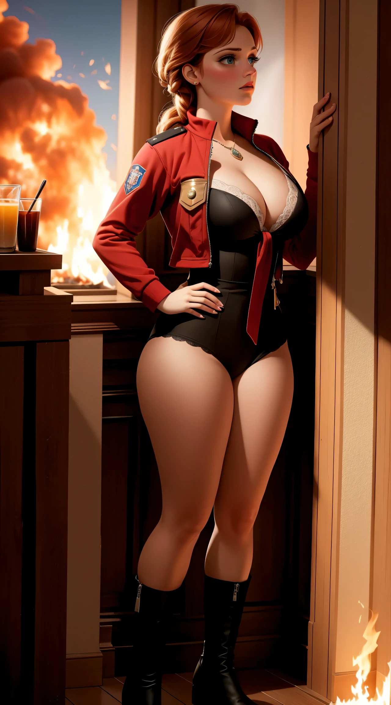 woman, ((Masterpiece, best quality)), full body view, firefighter, burning building, bursting huge breasts, detailed skin, Anna from Frozen as a firefighter, red firefighter clothes, highly detailed, cinematic lighting, ultra realistic, blush, looking at viewer, anna, anna from frozen, princess, disney, brown hair, long hair, portrait, cleavage, large breasts, wide hips, full body view, tall,