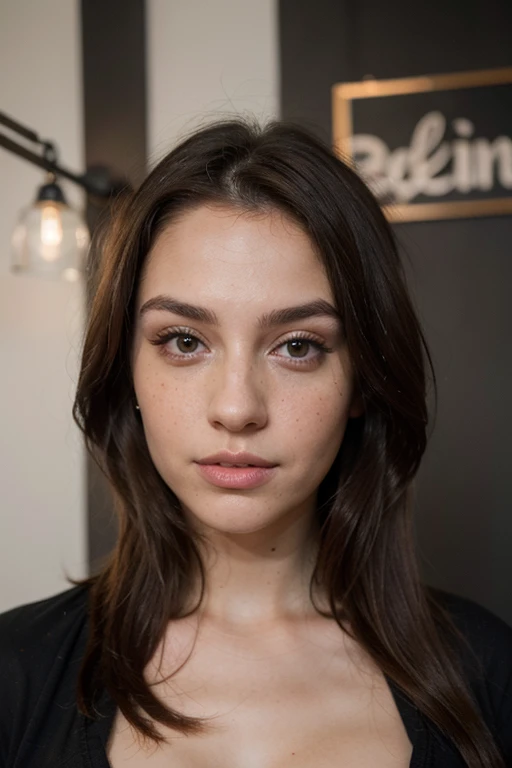 ((best quality)), ((masterpiece)), (detailed), perfect face realistic photo of beautiful woman with long dark brown hair, Russian, influencer, light freckles, dark brown eyes, big lips, no makeup, instagram, next to black wall, wearing sexy yoga outfit