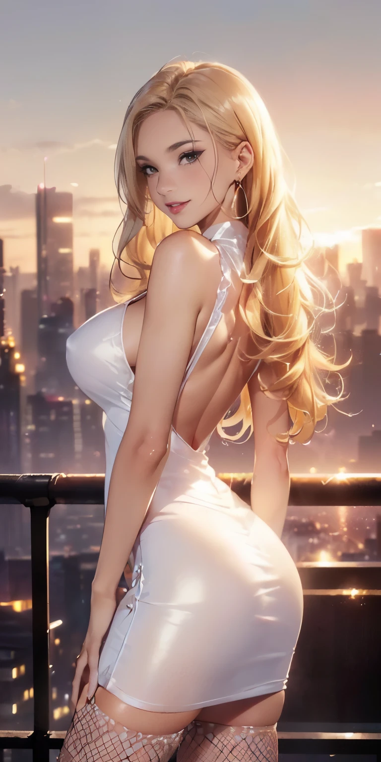 Super close-up from underground(((Sunset Sunset emphasis Backward butt emphasis Upper body photo))) ((((Different sexy poses)))))美丽的面容, Highly detailed face and skin texture, (Fine wrinkled eyes, Double eyelids, Thin eyebrows, Glitter Eyeliner: 1.2, Natural cheeks, Shiny skin, Fair skin, (((wearing a tight white silk dress, Fishnet stockings))), Glitter necklace and earrings, (shiny lips: 1. 4), (Seductive smile), (), (Blonde long wavy hair, oblique bangs), Short hair, , ((upperbody shot)), ((Focus on chest and face)), medium large breasts, upturned breasts.(((The background is a slightly sepia-toned cityscape................)))