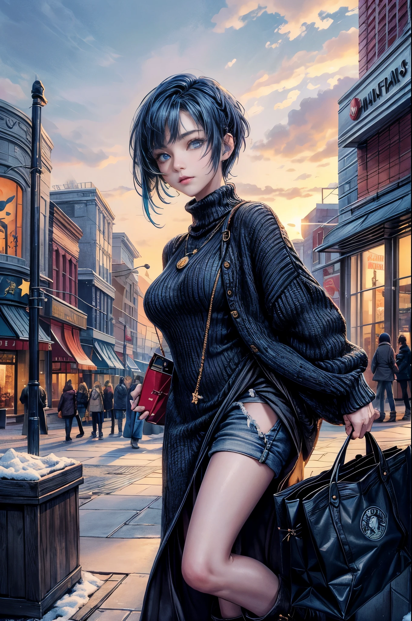 Cinematic lighting、16k picture quality、highlydetailed skin,(1girl in, Solo:1.2)、Best Quality,cyberpunked,(1beautiful woman、Detailed beautiful facial features hair、short cut blue hair、blue eyess:1.3)Rosary Necklace、
1girl in, short braided ha looking down:1.2)
BREAK Chunky Knit Sweater Dress Warm Knee Length Sweater Dress,
Colors such as navy and gray,
Comfortable to wear with thick knit fabric,
damage jeans、Pair with boots for a chic style, and a compact bag、Short cut hair BREAK、hand holding starbucks coffee、Winter City、(A well-sunny morning、Flowing clouds、suns:1.2)、Christmas Season、In front of a shopping mall with shining illuminations、(A huge Christmas tree stands tall:1.3)Moody lighting、(Looking up from below angle)