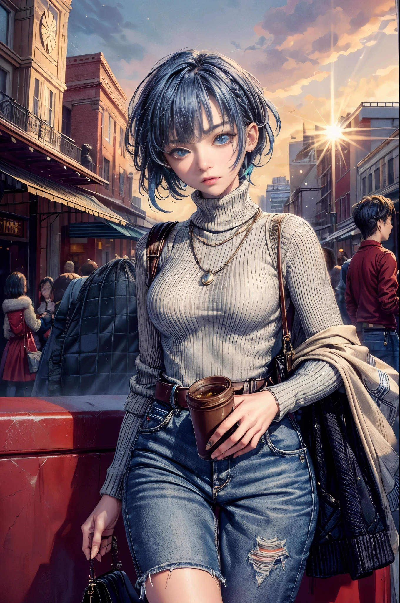 Cinematic lighting、16k picture quality、highlydetailed skin,(1girl in, Solo:1.2)、Best Quality,cyberpunked,(1beautiful woman、Detailed beautiful facial features hair、short cut blue hair、blue eyess:1.3)Rosary Necklace、
1girl in, short braided ha looking down:1.2)
BREAK Chunky Knit Sweater Dress Warm Knee Length Sweater Dress,
Colors such as navy and gray,
Comfortable to wear with thick knit fabric,
damage jeans、Pair with boots for a chic style, and a compact bag、Short cut hair BREAK、hand holding starbucks coffee、Winter City、(A well-sunny morning、Flowing clouds、suns:1.2)、Christmas Season、In front of a shopping mall with shining illuminations、(A huge Christmas tree stands tall:1.3)Moody lighting、(Looking up from below angle)