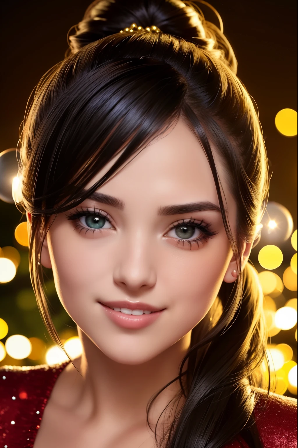 Close up portrait view, cinematic, Christmas tree, Christmas clothes , full body,female show one tits without clothes , smiling sweet, cute face, beautiful,on outdoor grass night, Foggy, cinematic light,close up portrait HD , , black ponytail hair, black shiny hair,