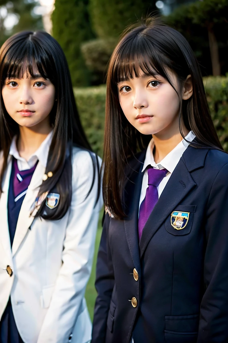 Two beautiful girls、Blazer School Uniform、A dark-haired、straight haired、(The other one has a short bob)、schools、early evening、、Face to face、Wistful expression、