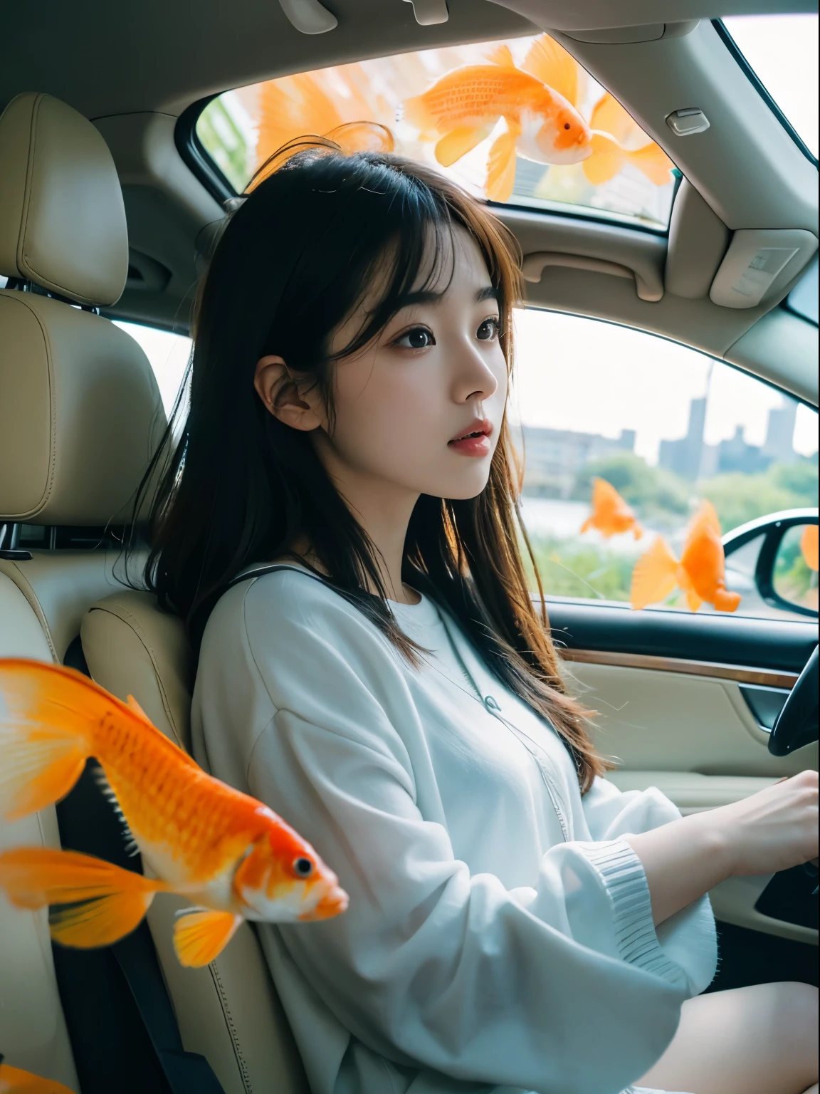 Girl in car full of goldfish and flowers, Goldfish Can Fly, the art of Hitoko Kawauchi, natural poses, dadcore for vacation, energy and pressure of youth, body extension, Golddfish simulation film in the sky, super detail, dreamlike high photography. A riot of colour. Covered with water and goldfish, interior scenes, shot on XT4 film --ar 3:4 --v 5.2 --iw 2，k hd，cinematric light，color curve，Odds rules