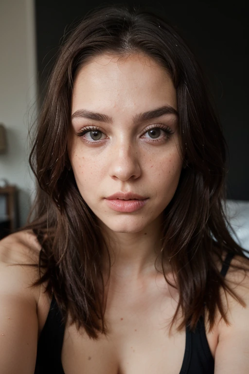 ((best quality)), ((masterpiece)), (detailed), perfect face realistic photo of beautiful woman with long dark brown hair, Russian, influencer, light freckles, dark brown eyes, big lips, no makeup, insagram, next to black wall, wearing sexy yoga outfit