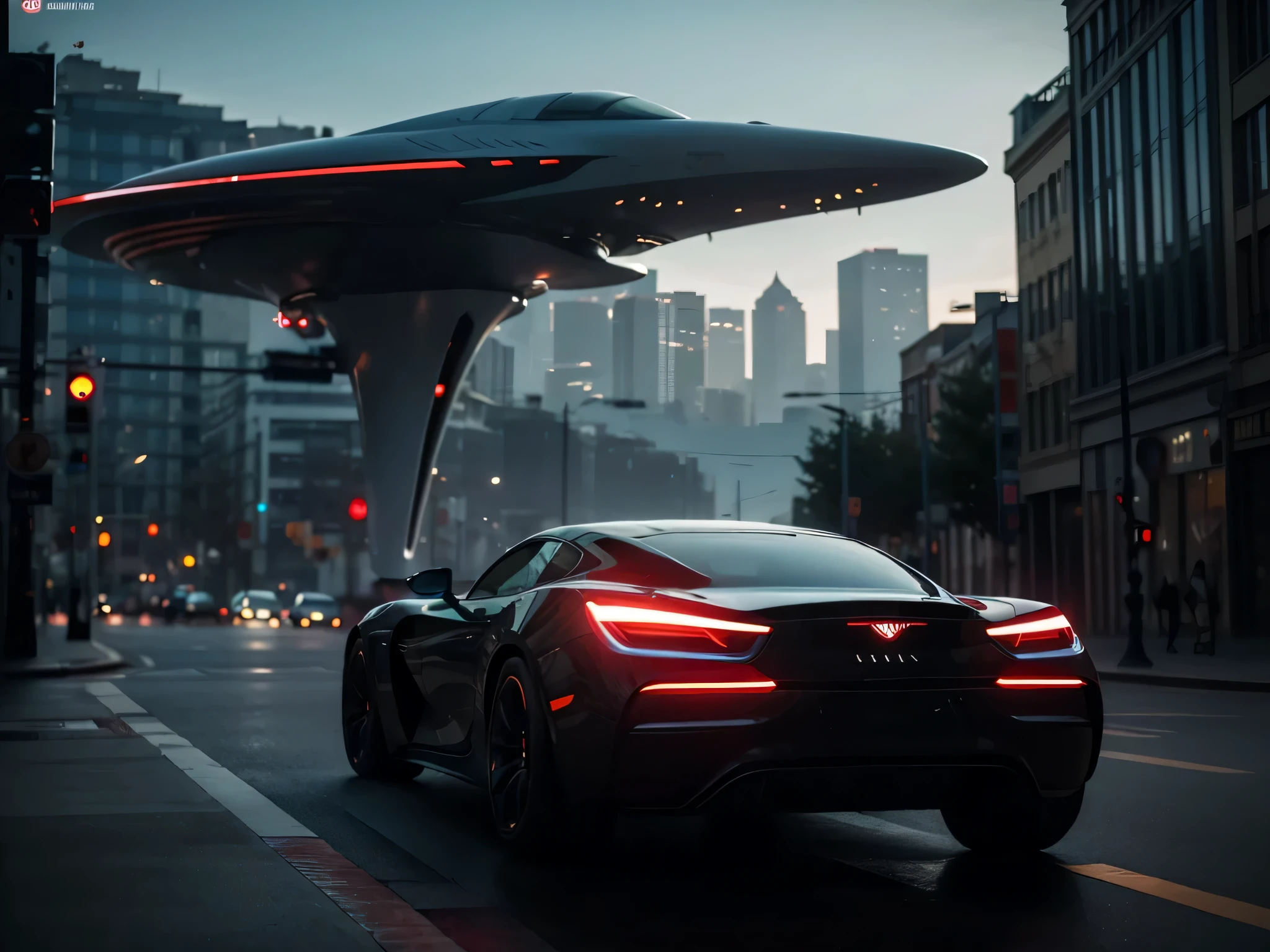 fantasia, ((Futuristic architecture)), ((No estilo Greg Rutkowski)), (Advanced technology), ((retrofuturismo)): An Imperial supersonic Chrysler, with a retro design inspired by the 70s, voando por uma paisagem urbana futurista. The vehicle&#39;it's elegant, Linhas curvas, coupled with advanced propulsion technology, create a unique mix of old and new.