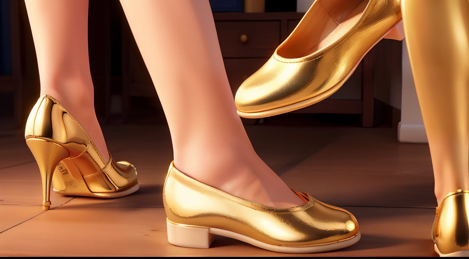 "There is a close-up of a girl's foot about to enter a golden women's shoe. However, the foot cannot fit into the shoe."
