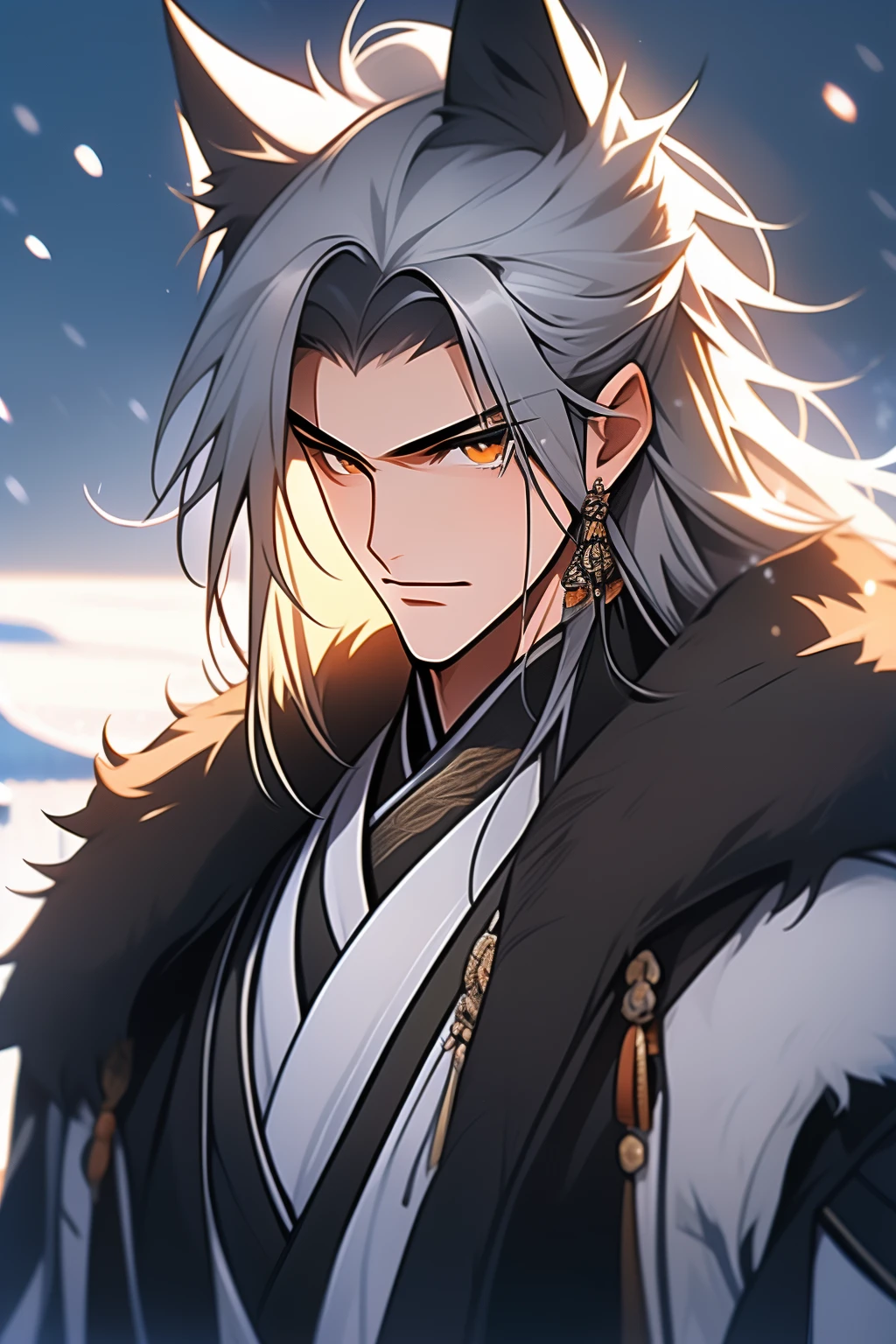 Messy White Hair , Orange eyes , Wolf ears , black martial arts uniform , Snowy background , Snowy wasteland background, Martial arts costumes , 1male people , Complicated details , perfect generation , male people , Muscular , poncho