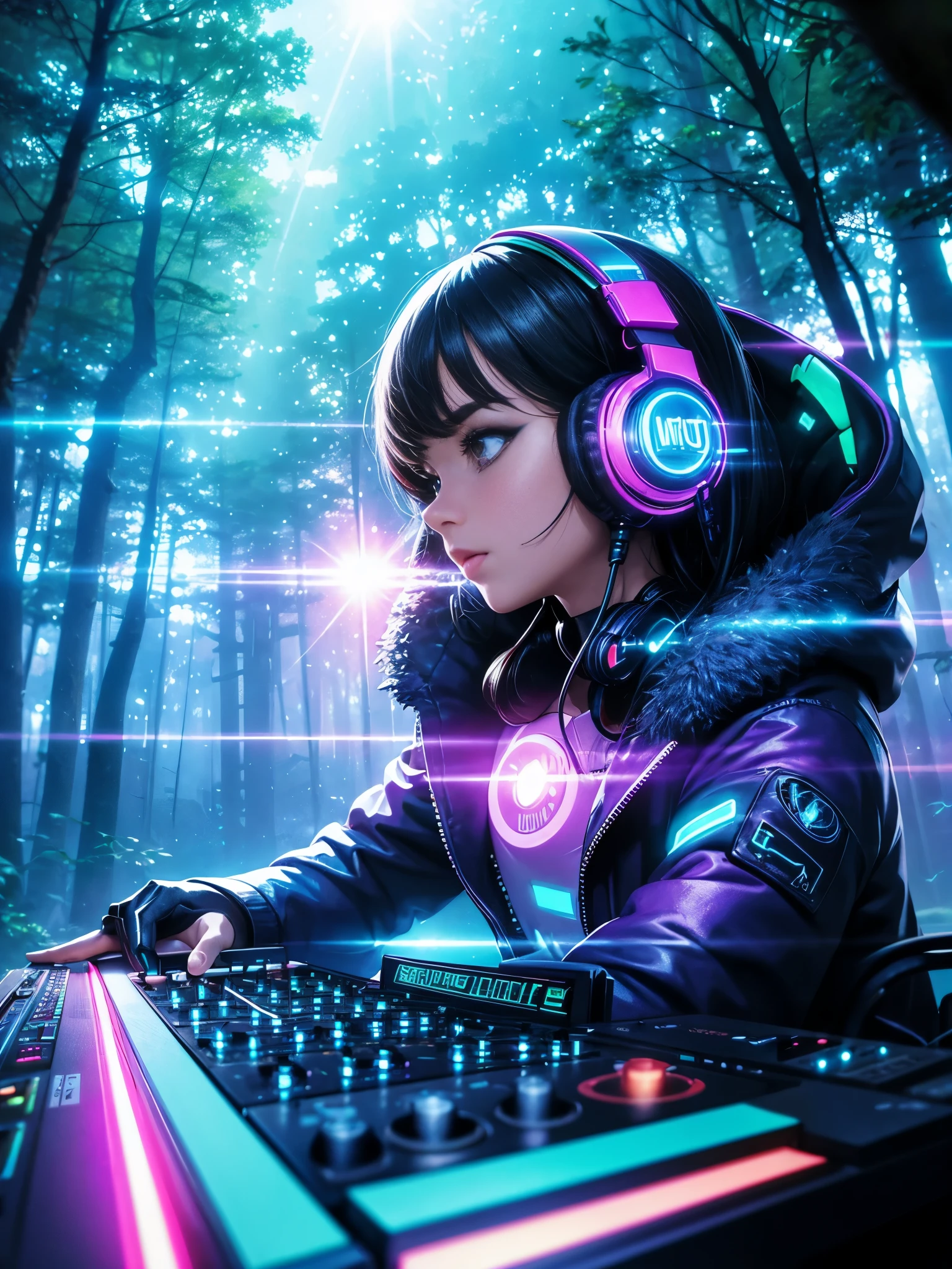 (retro cyberpunk DJ wearing headphones) (majestic pose) (colorful light beams,) (Fantasy woodland backdrop), HD realistic photo realism