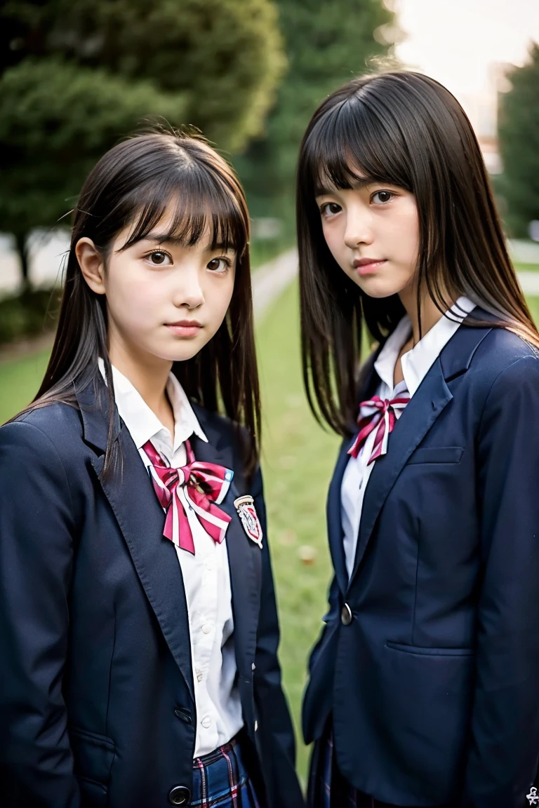 Two beautiful girls、Blazer School Uniform、A dark-haired、straight haired、(The other one has a short bob)、schools、early evening、sixteen years old、Face to face、Wistful expression、