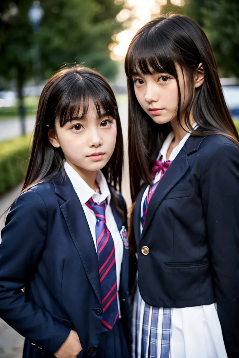 Two beautiful girls、Blazer School Uniform、A dark-haired、straight haired、(The other one has a short bob)、schools、early evening、sixteen years old、Face to face、Wistful expression、