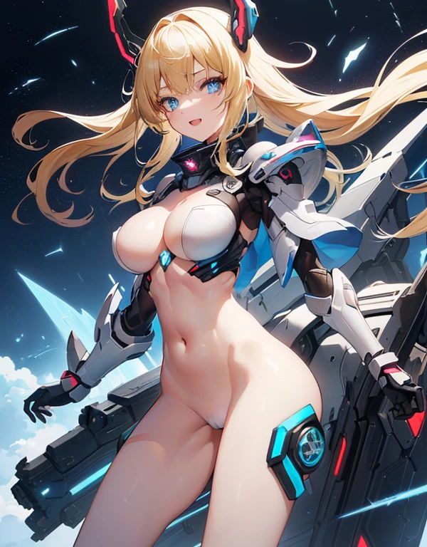 ((masutepiece, Highest Quality)), Detailed face, Beautiful face, full body Esbian, full of details, Highly detailed, Depth, Beautiful girl with Blonde colored hair,Disheveled hair,long Blonde colored hair,morbid,white pupil,legs are very thin,legs are long, Blue eyelashes, masterpiece, 1girl in ((20yr old, Futuristic mecha armor exposes belly button, medium breasts, Naked, Flirting sci-fi battlefield, from behind, Bat Cup, Looking back, hawken, Smile, Open mouth, Long hair, (Blonde colored hair, Deep Blue Eyes:1.2), Sparkling eyes, Cute face, kawaii, Large breasts, Delicate hair, disheveled hair, (((floating))、Blue sky, white clouds), Shiny hair, Shiny skin, (It expanded to the left and right so that it protruded from the screen.、Symmetrical winethallic colored mechanical wing, Headgear), Futuristic and energetic atmosphere), ((during night)) ((Low camera angle, Ground View)) Tall and tall,Thin, 8K, ultla realistic, offcial art,