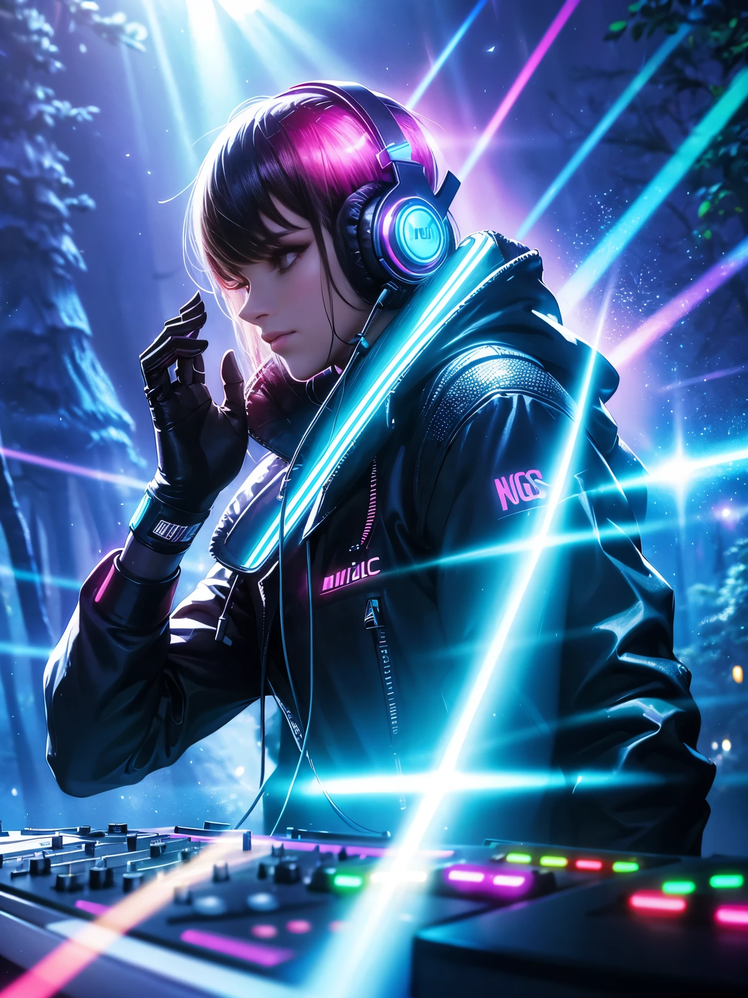(retro cyberpunk DJ wearing headphones) (majestic pose) (colorful light beams,) (Fantasy woodland backdrop), HD realistic photo realism