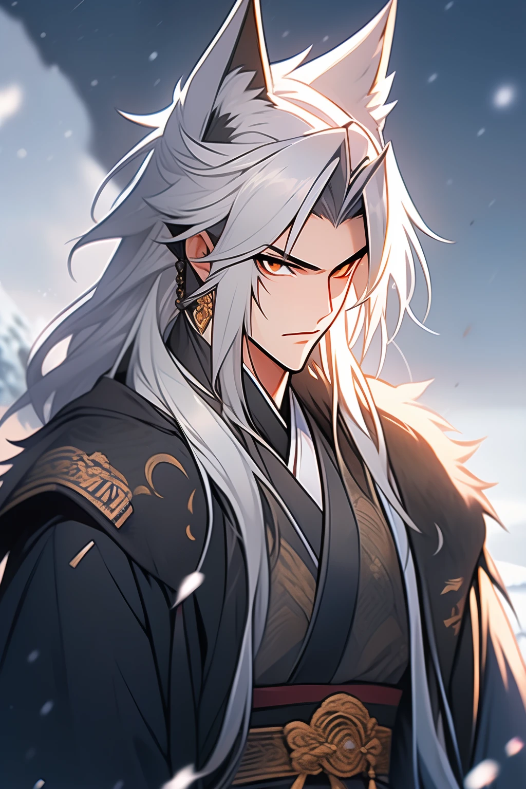 Messy White Hair , Orange eyes , Wolf ears , black martial arts uniform , Snowy background , Snowy wasteland background, Martial arts costumes , 1male people , Complicated details , perfect generation ,  male people , musculous , poncho