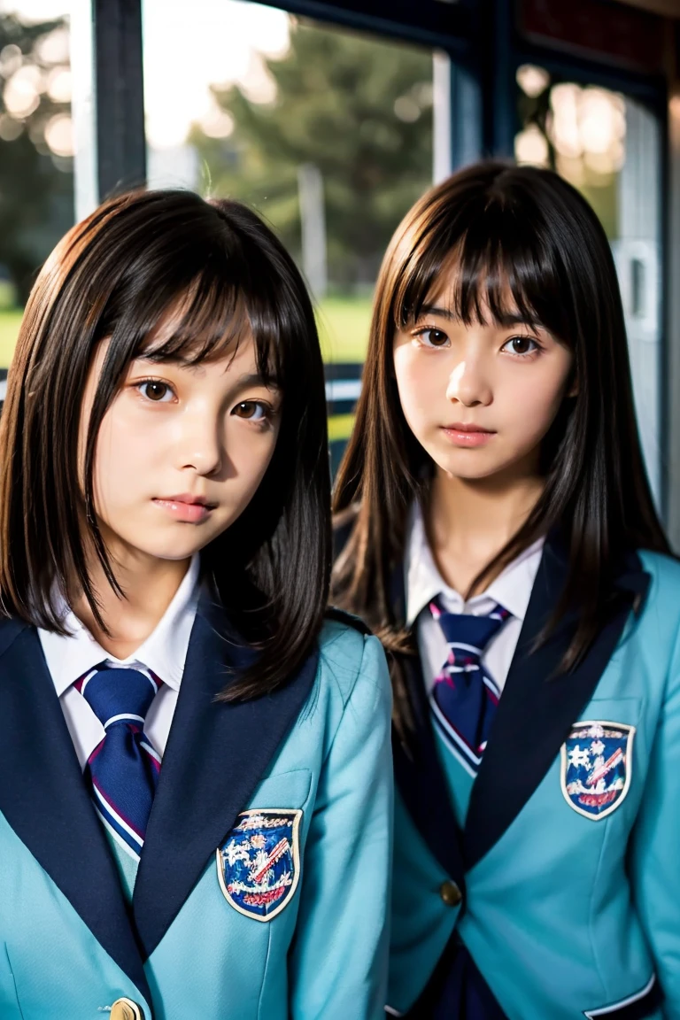 Two beautiful girls、Blazer School Uniform、A dark-haired、straight haired、(The other one has a short bob)、In the classroom of  the school、early evening、sixteen years old、Face to face、Wistful expression、
