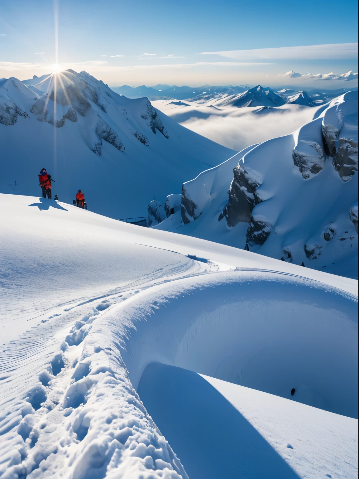 tmasterpiece, A high resolution,Best quality at best,k hd, perfect compositions, 8K,电影灯光,snow mountain scenery,full of snow,Poster photo,Competition gold medal,rays of sunshine,(The world of silver),The sky is a beautiful blue sky,((Steep mountains々)),Mountain only,Light and Shade,hight contrast,slope in foreground,There is a mountain in the back,shaped like three々,color curve,Odds rules