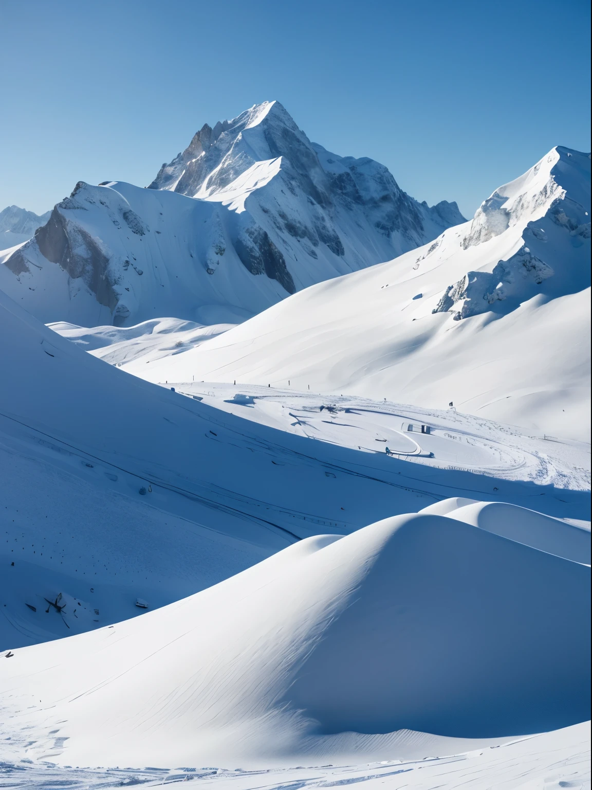 tmasterpiece, A high resolution,Best quality at best,k hd, perfect compositions, 8K,电影灯光,snow mountain scenery,full of snow,Poster photo,Competition gold medal,rays of sunshine,(The world of silver),The sky is a beautiful blue sky,((Steep mountains々)),Mountain only,Light and Shade,hight contrast,slope in foreground,There is a mountain in the back,shaped like three々,color curve,Odds rules