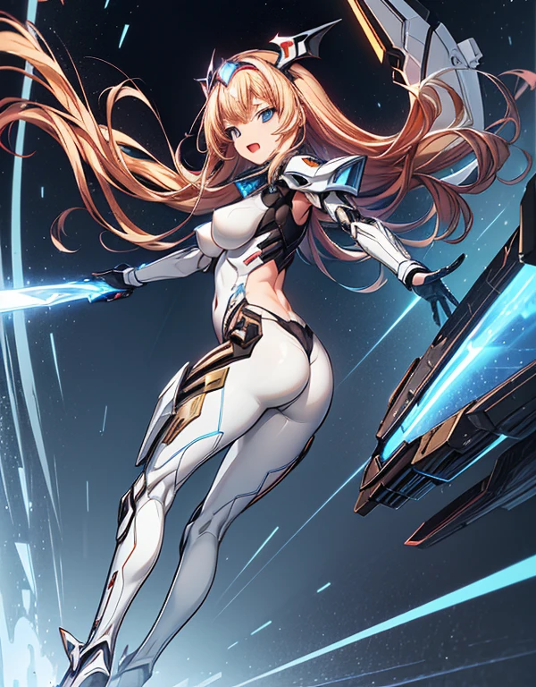 ((masutepiece, Highest Quality)), Detailed face, Beautiful face, (Futuristic and shiny metallic white bodysuit):1.3,full body Esbian, full of details, Highly detailed, Depth, Beautiful girl with Blonde colored hair,Disheveled hair,long Blonde colored hair,morbid,white pupil,legs are very thin,legs are long, Blue eyelashes, masterpiece, 1girl in ((20yr old, Futuristic mecha armor exposes belly button, medium breasts, Naked, Flirting sci-fi battlefield, from behind, Bat Cup, Looking back, hawken, Smile, Open mouth, Long hair, (Blonde colored hair, Deep Blue Eyes:1.2), Sparkling eyes, Cute face, kawaii, Large breasts, Delicate hair, disheveled hair, (((floating))、Blue sky, white clouds), Shiny hair, Shiny skin, (It expanded to the left and right so that it protruded from the screen.、Symmetrical winethallic colored mechanical wing, Headgear), Futuristic and energetic atmosphere), ((during night)) ((Low camera angle, Ground View)) Tall and tall,Thin, 8K, ultla realistic, offcial art,