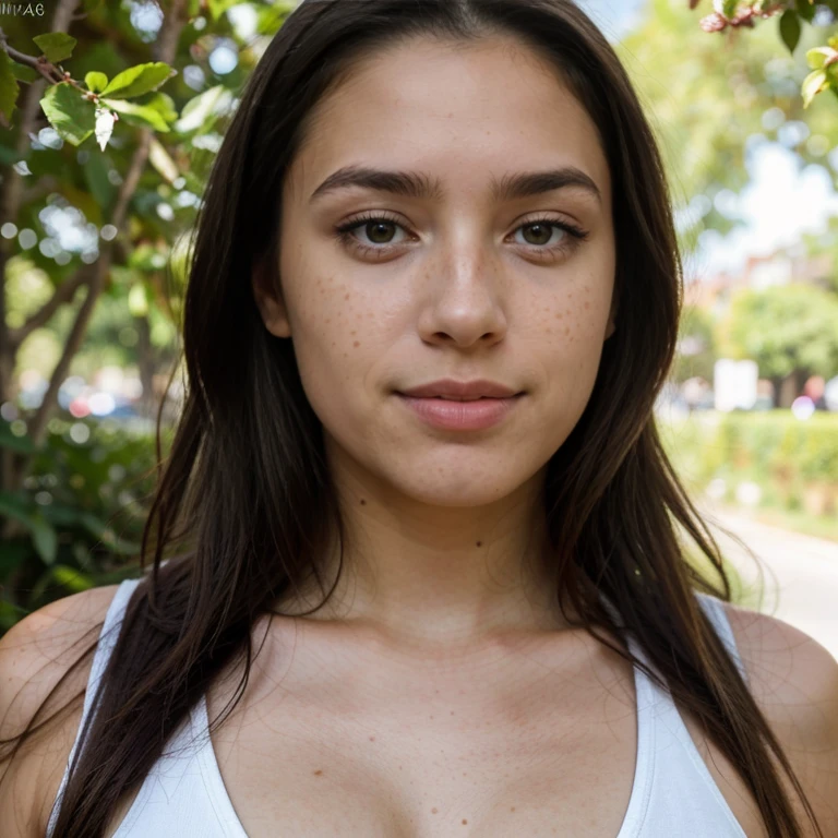 23-year-old hyper-realistic Latin girl with freckles, selfie de humor para instagram, Ultra Definition, (photoreallistic: 1.4), 8k, Calidad Premier, Fondos detallados, cara delicada, Maquillaje natural, foto RAW, iPhone, HDR, Coqueteando con el espectador, Ropa ajustada, fondo natural, arboles de fondo, traje negro