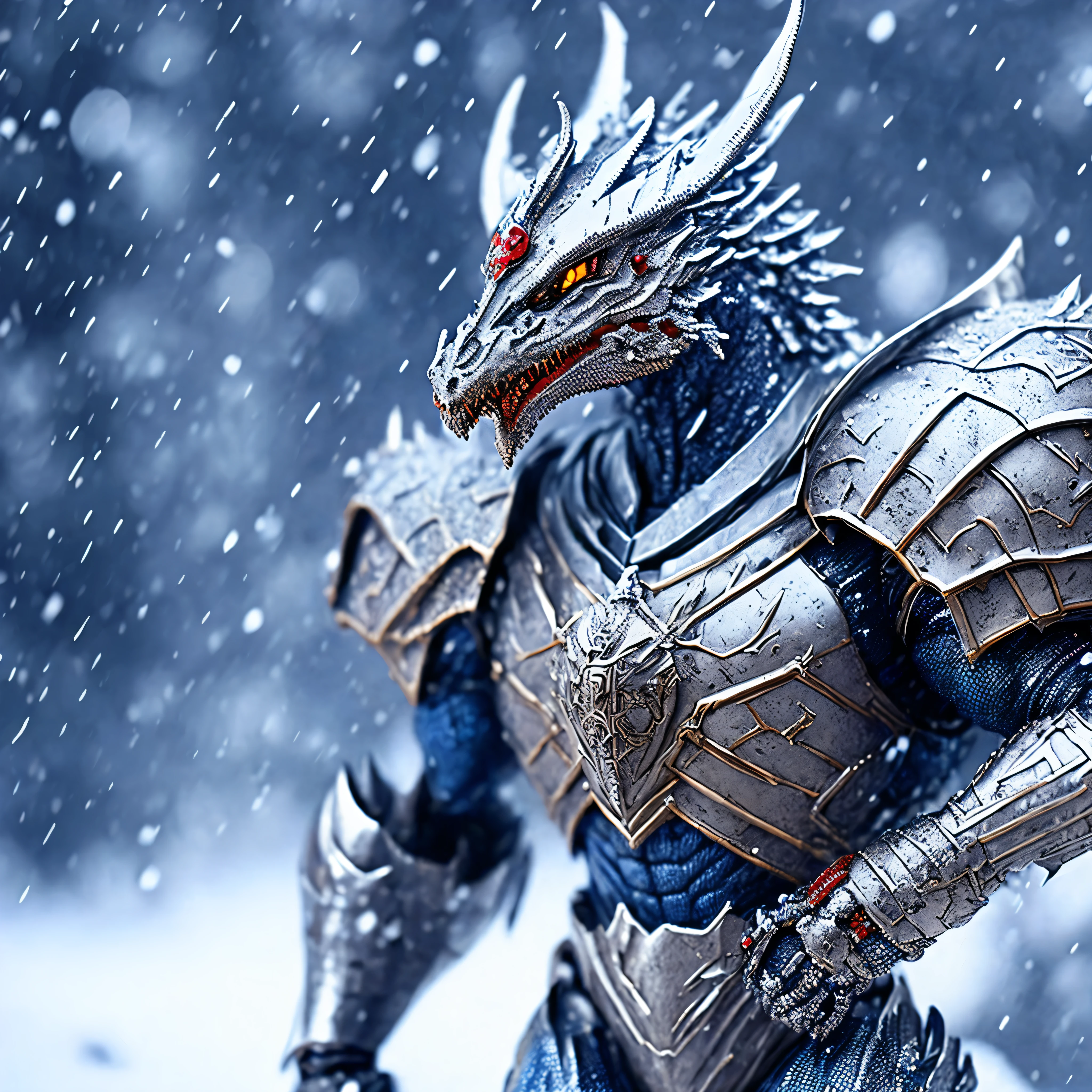 Close-up (Human figure knight dragon-man made of metal objects from Marvel in Christmas style: 1.3) emerging from the snow storm, well detailed, volumetric light