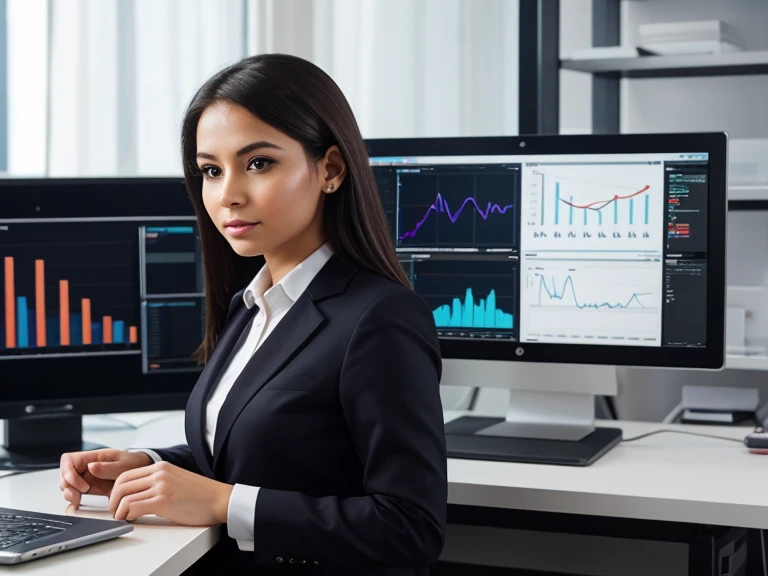 A girl in a technology-driven office, sitting in front of a commercial monitor displaying a detailed business graph. The graph is presented in mixed media, combining digital and traditional art techniques. The girl's eyes are focused and attentive, with long eyelashes. Her lips are beautifully detailed, adding a touch of elegance to her overall appearance. The office space is well-lit with professional studio lighting, bringing out the vivid colors and sharp focus of the surroundings.
The monitor shows a high-quality, ultra-detailed business graph, with a resolution of 4k or 8k. It is a masterpiece of precision, created with physically-based rendering and ultra-fine painting techniques. The graph is realistic and photorealistic, capturing every detail and data point accurately. The colors used in the graph are vibrant and visually appealing, reflecting a positive and successful business trend.
Around the office, there are additional details that enhance the overall scene. The walls are adorned with other business-related artwork, showcasing different aspects of the corporate world. The girl's attire is professional, reflecting her confidence and dedication to her work. The background features a panoramic view of a bustling cityscape, symbolizing the busy and dynamic nature of the business world.
The color tone of the image leans towards a modern and sleek aesthetic, with a hint of sophistication. The lighting emphasizes the girl's presence in the office, highlighting her focus and determination. Bokeh effects add a touch of artistic flair, creating a visually captivating composition.
Overall, the prompt aims to generate a high-quality image that depicts a girl immersed in the world of business, analyzing and interpreting a complex commercial graph. The mix of traditional and digital media, along with the attention to detail and vibrant colors, will create an engaging and visually striking artwork.
