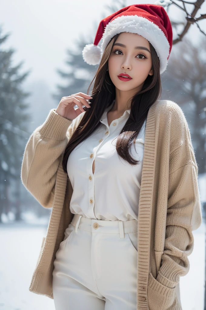 melhor qualidade, 4k, 8k, rostos detalhados, rosto claro, a pretty girl,maquiagem requintada, red lips,rir, Corpo Perfeito,cabelo bob preto liso na altura dos ombros,santa claus hat,seios grandes,coxa,esguio,fino, The girl wears a brown cardigan, Underneath the jacket was a white collared shirt and white pants., paisagem de neve, inverno, Jardim,Tempo neblina,Rimas,Nublado,a big snowman behind the girl