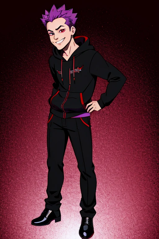 -yeld (())), cocky smile, spiky purple hair, red eyes, vampire fangs, black hoodie, black pants, black shoes.